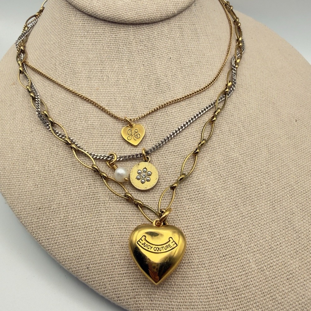 Juicy Couture Layered Charm Necklace Two Tone Gold Silver Heart Pearl Floral JC